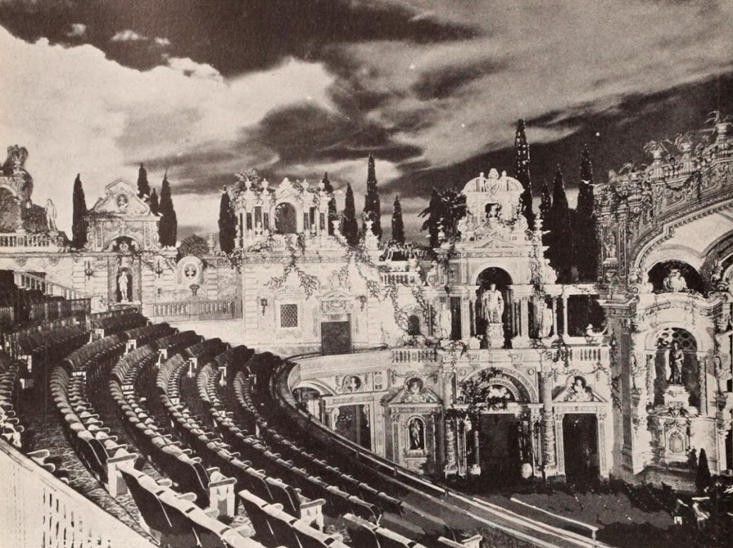 Archival view across the Paradise auditorium, with ornate garden-inspired architecture beneath a cloud-filled ceiling