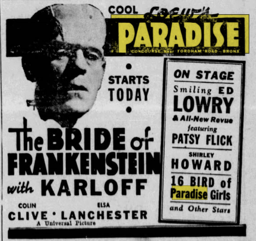 Vintage Paradise advertisement for The Bride of Frankenstein with Karloff, Colin Clive, and Elsa Lanchester, alongside a stage revue