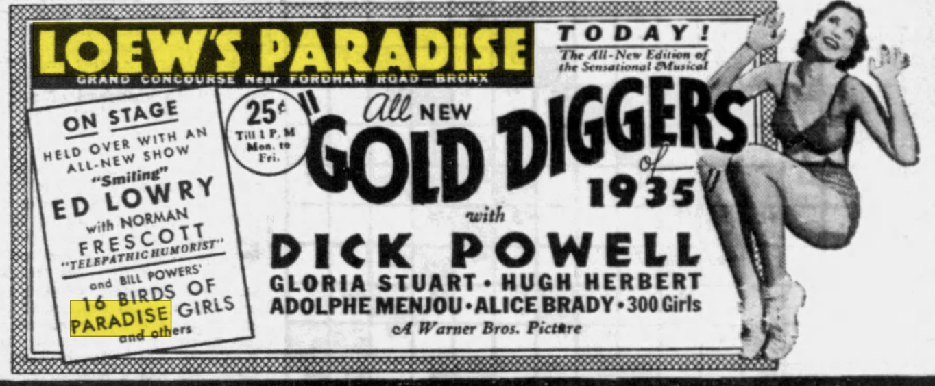 Wide Loew’s Paradise advertisement for Gold Diggers of 1935 and a stage show featuring the Birds of Paradise, with yellow highlights