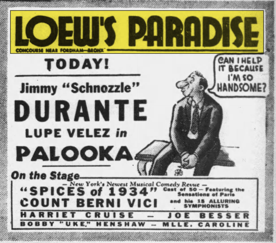 Loew’s Paradise newspaper advertisement for Jimmy Durante and Lupe Velez in Palooka and the live revue Spices of 1934