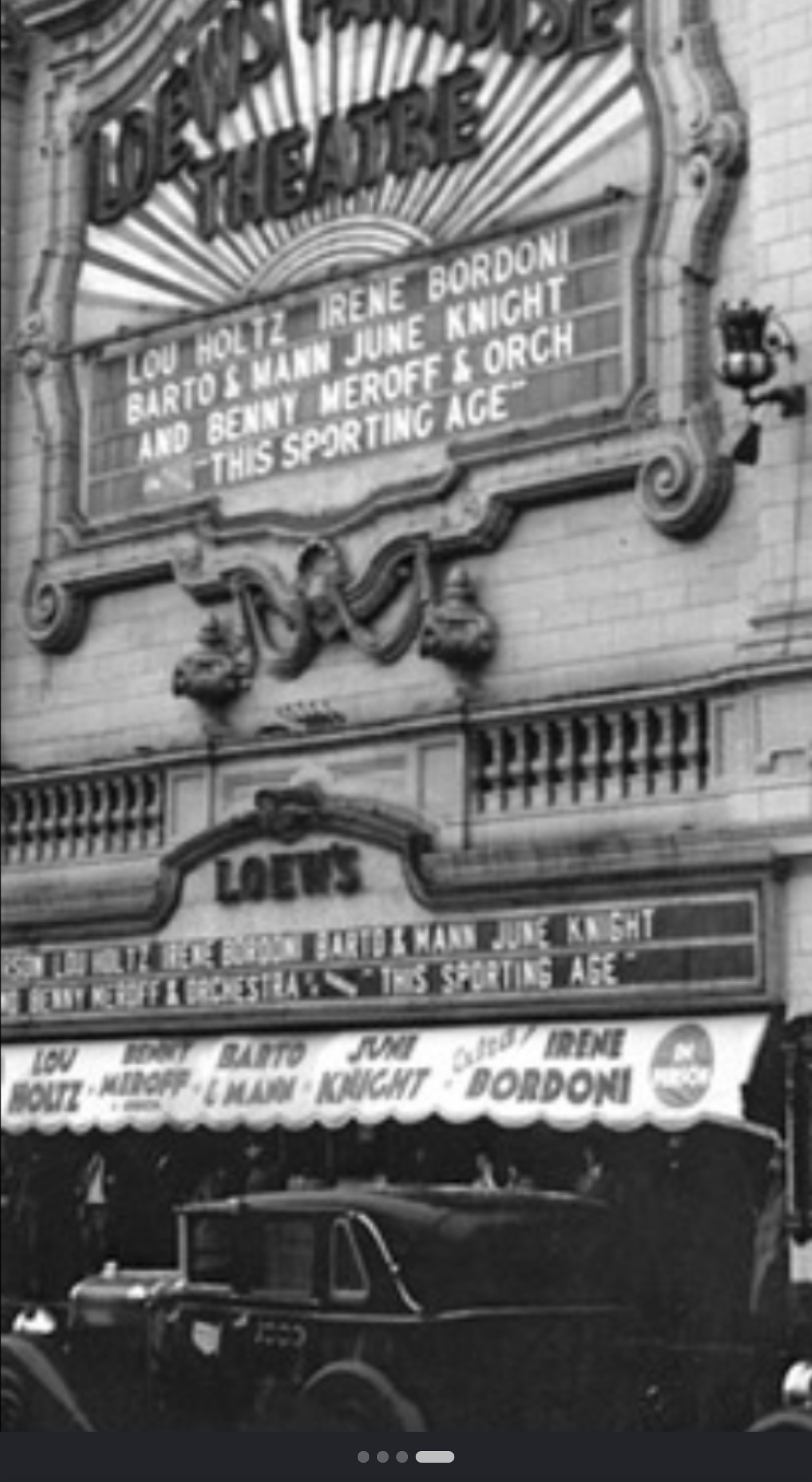 Black-and-white view of the Paradise marquee advertising live entertainers and This Sporting Age, with a delivery truck outside