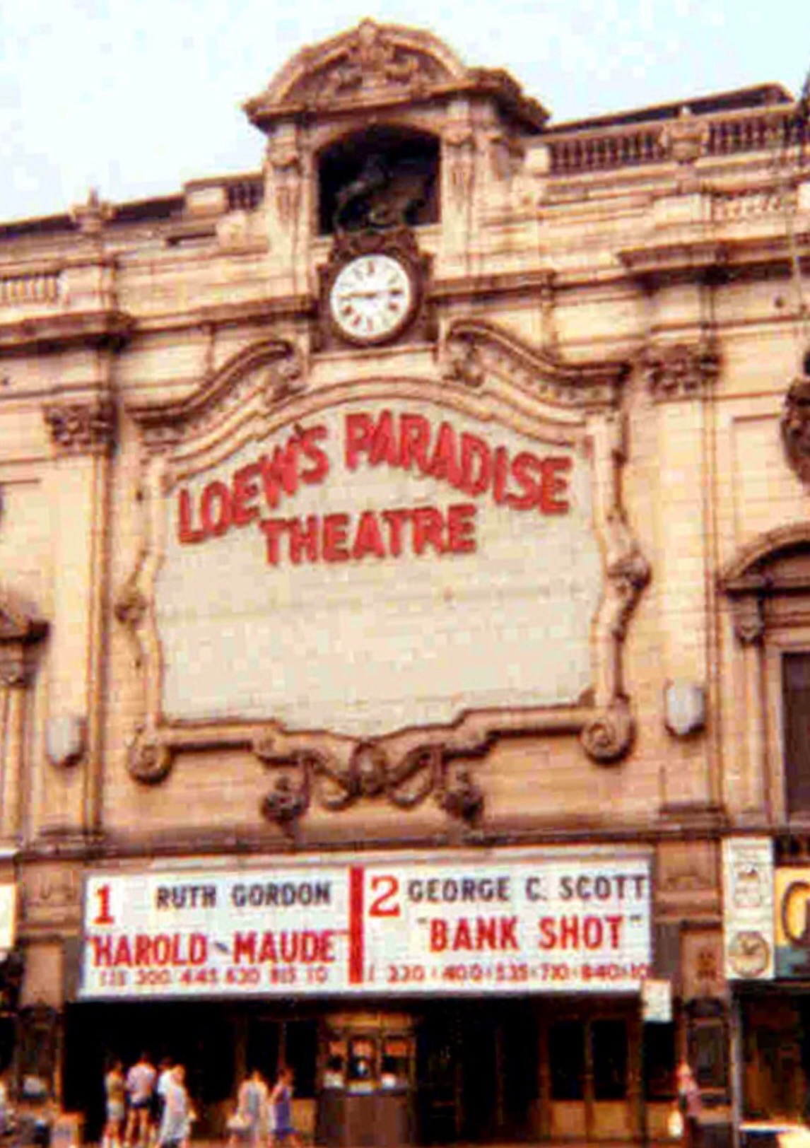 Color photograph of the Loew’s Paradise façade with Harold and Maude and Bank Shot on a two-screen marquee