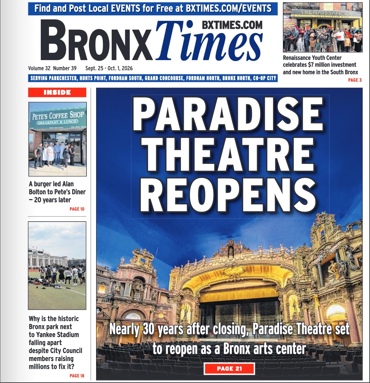 Bronx Times front page, September 25–October 1, 2026, with the headline Paradise Theatre Reopens above a photograph of the auditorium