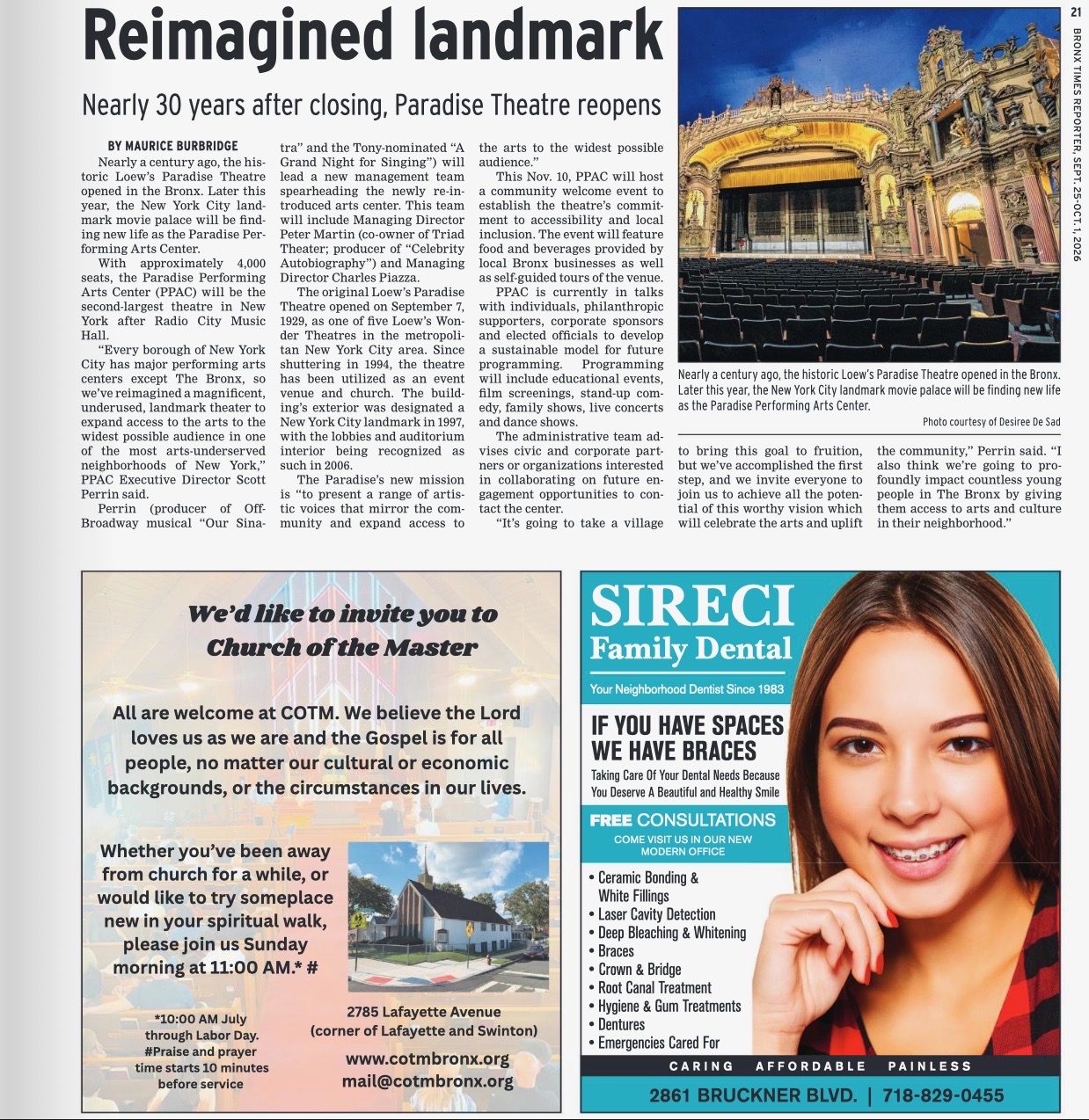 Page 21 of the Bronx Times, September 25–October 1, 2026, featuring Reimagined landmark, the story of the Paradise Theatre reopening